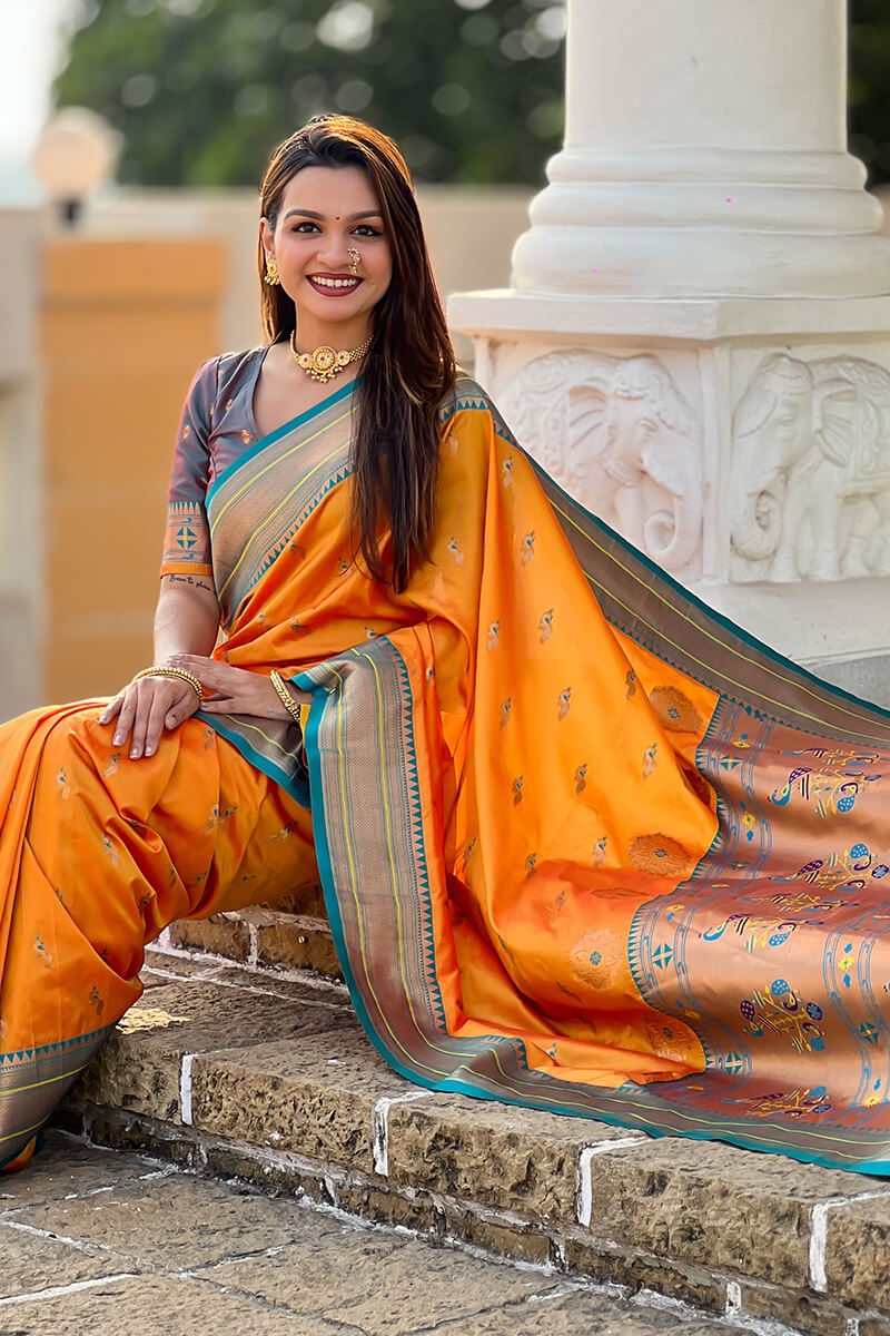 Unique Mustard Paithani Silk Saree With Girlish Blouse Piece