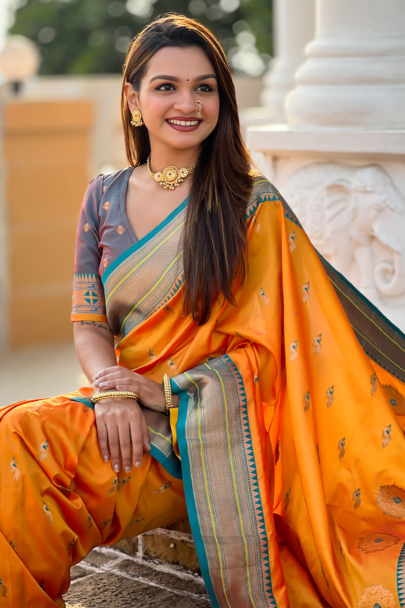 Unique Mustard Paithani Silk Saree With Girlish Blouse Piece