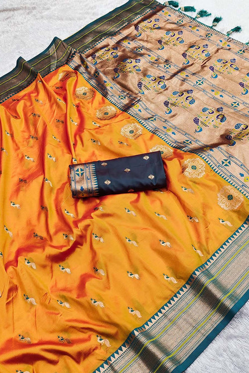 Load image into Gallery viewer, Unique Mustard Paithani Silk Saree With Girlish Blouse Piece
