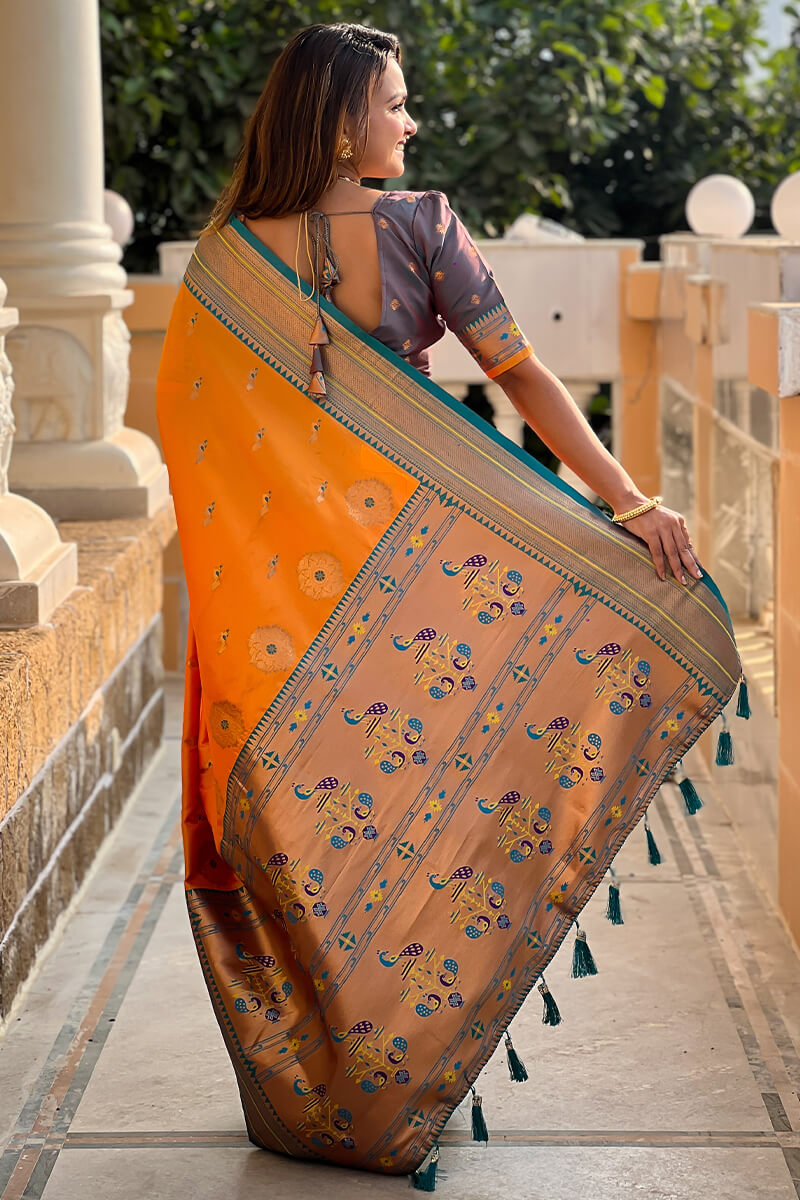 Unique Mustard Paithani Silk Saree With Girlish Blouse Piece