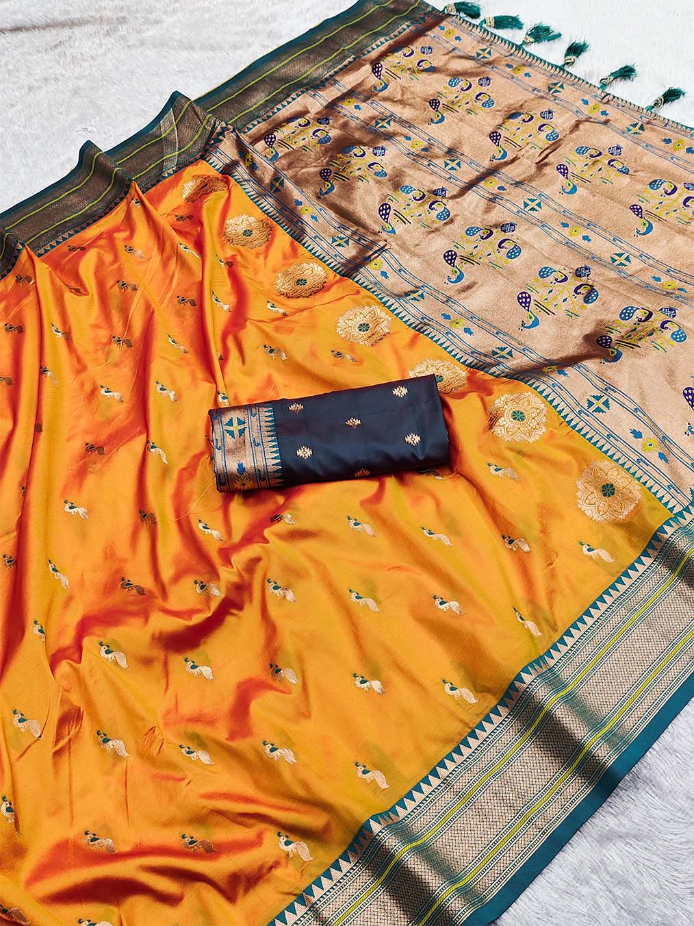 Unique Mustard Paithani Silk Saree With Girlish Blouse Piece