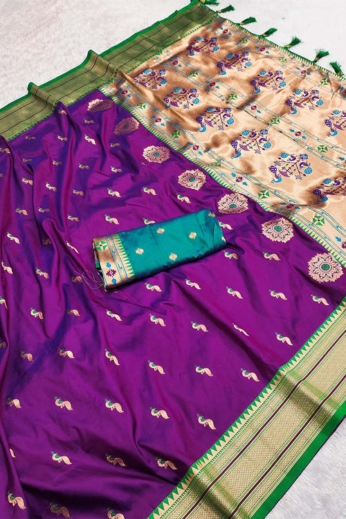 Load image into Gallery viewer, Classic Purple Paithani Silk Saree With Traditional Blouse Piece
