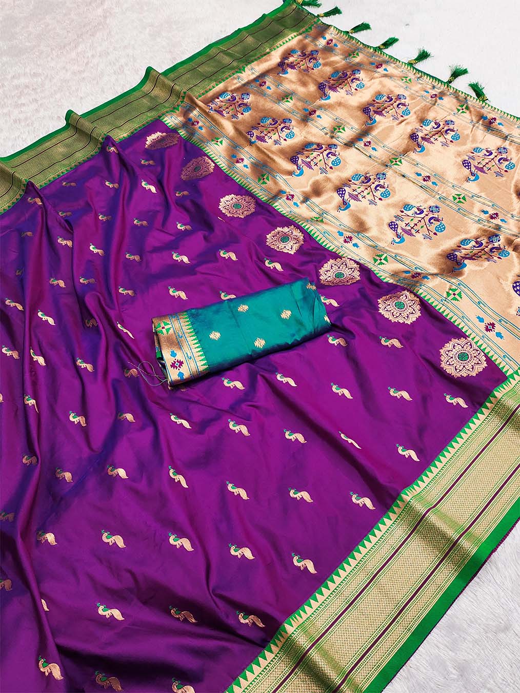 Classic Purple Paithani Silk Saree With Traditional Blouse Piece