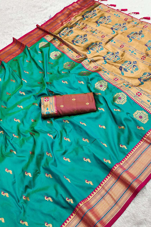 Load image into Gallery viewer, Eloquence Sea Green Paithani Silk Saree With Fugacious Blouse Piece
