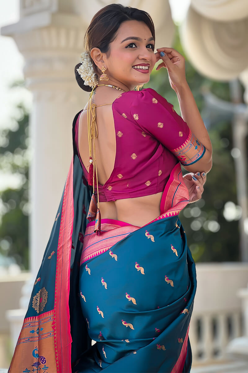Panoply Teal Blue Paithani Silk Saree With Sumptuous Blouse Piece