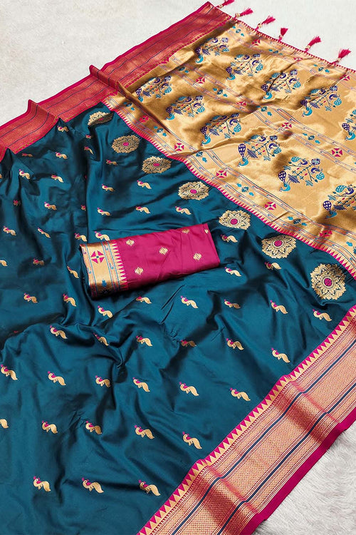 Load image into Gallery viewer, Panoply Teal Blue Paithani Silk Saree With Sumptuous Blouse Piece
