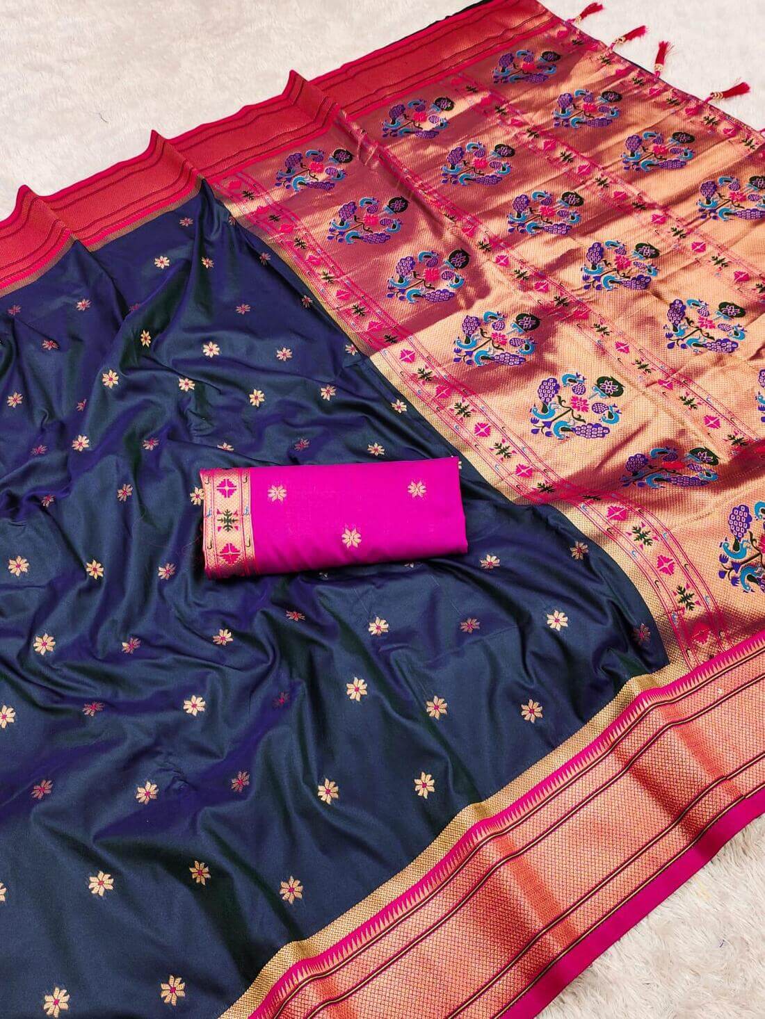 Pleasurable Navy Blue Paithani Silk Saree With Captivating Blouse Piece