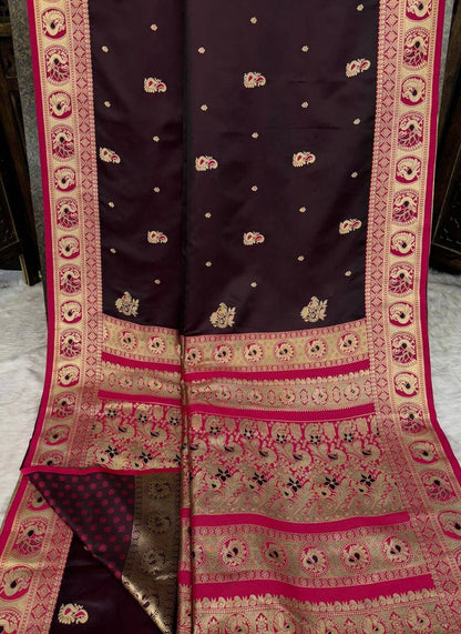 Ratatouille Wine Pure Zari Weaving Banarasi Silk Saree With Snappy Blouse Piece