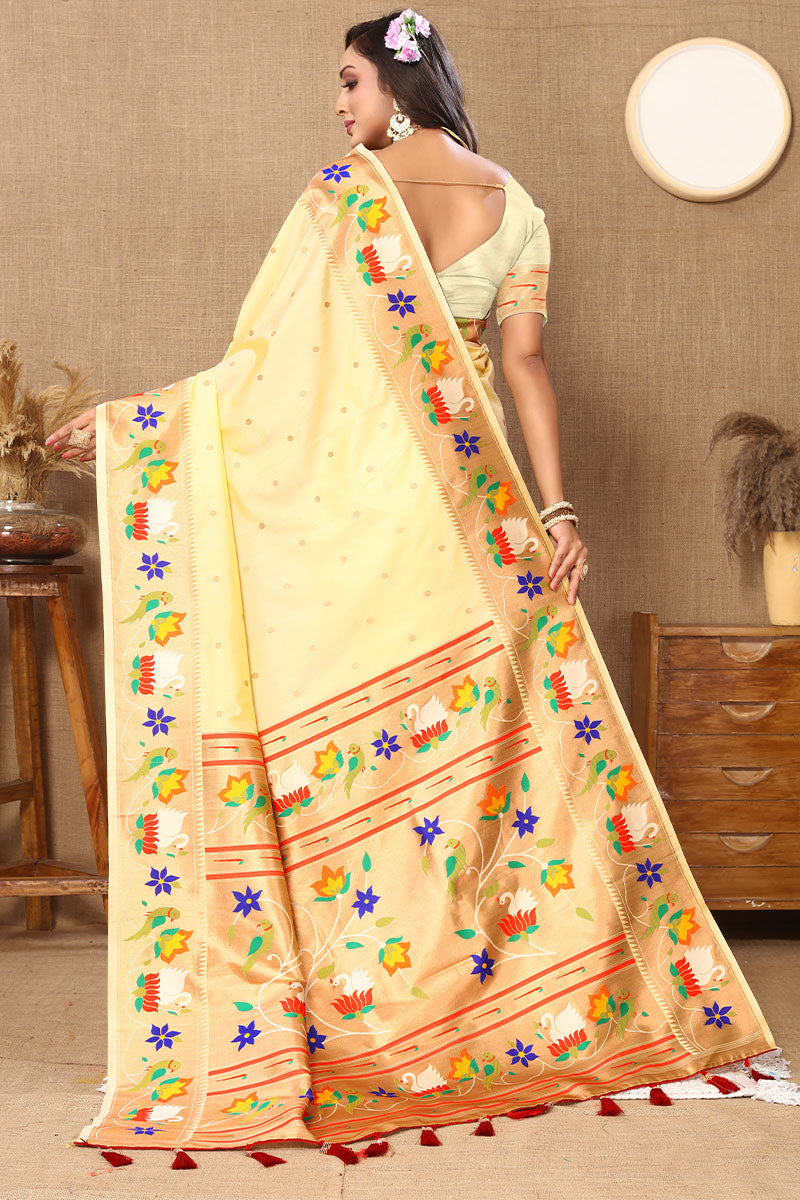 Wonderful Beige Paithani Silk Saree With Classy Blouse Piece