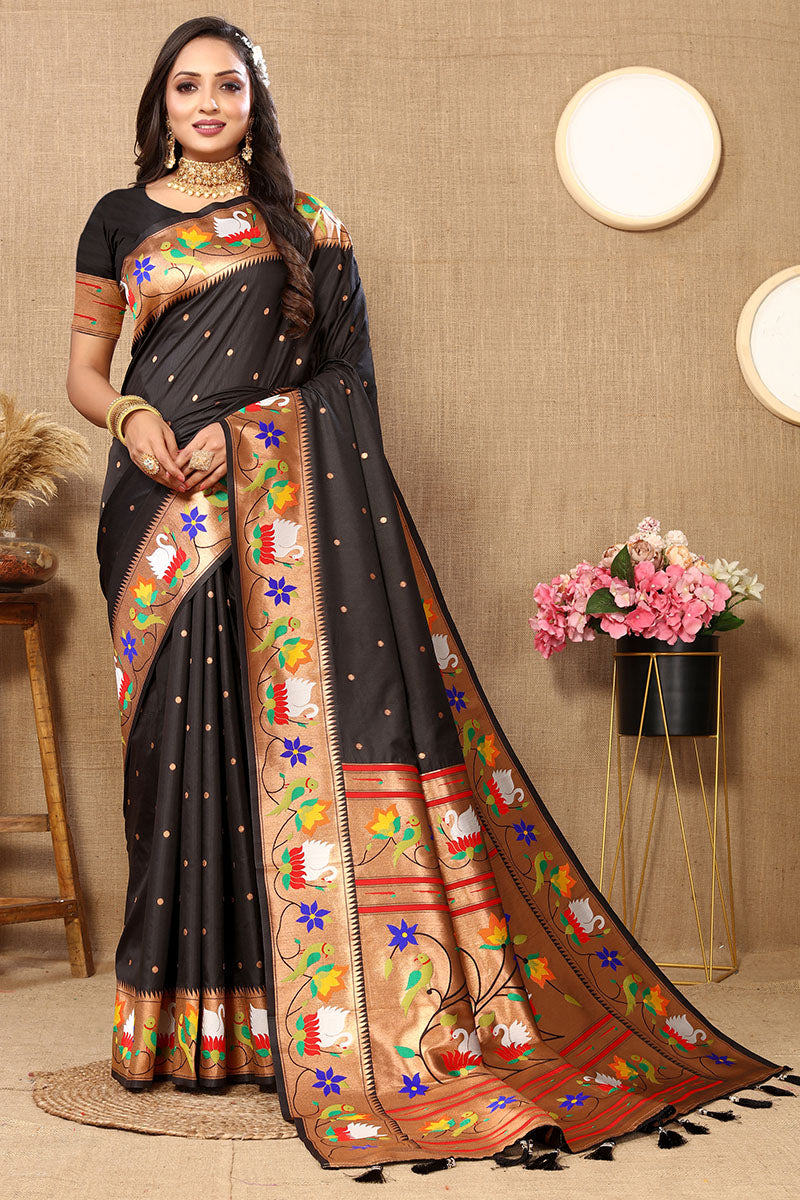 Amazing Black Paithani Silk Saree With Capricious Blouse Piece