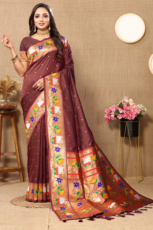 Load image into Gallery viewer, Beautiful Brown Paithani Silk Saree With Appealing Blouse Piece
