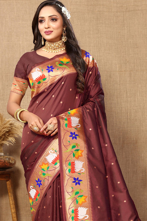 Load image into Gallery viewer, Beautiful Brown Paithani Silk Saree With Appealing Blouse Piece
