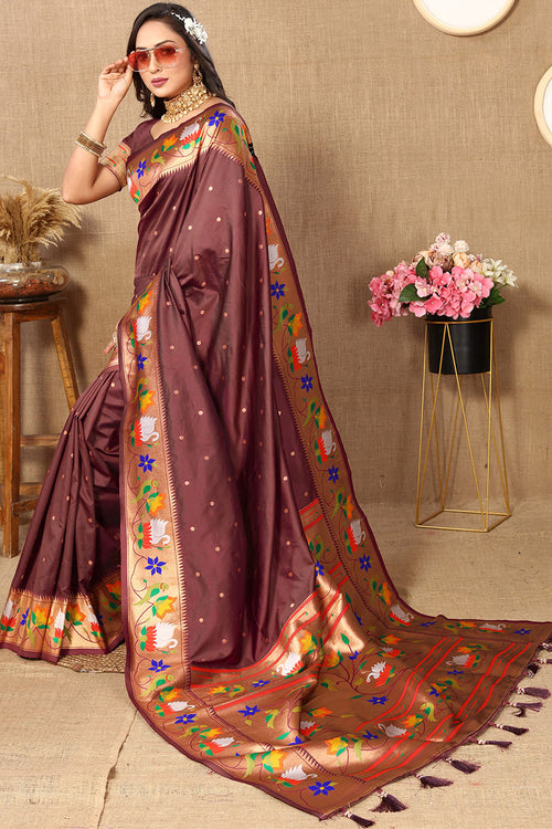 Load image into Gallery viewer, Beautiful Brown Paithani Silk Saree With Appealing Blouse Piece
