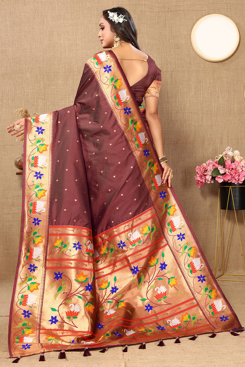 Beautiful Brown Paithani Silk Saree With Appealing Blouse Piece