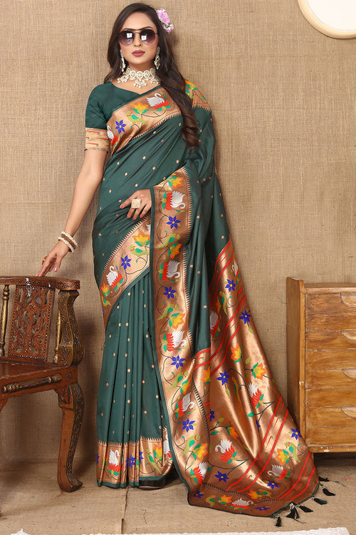 Load image into Gallery viewer, Ravishing Dark Green Paithani Silk Saree With Delightful Blouse Piece
