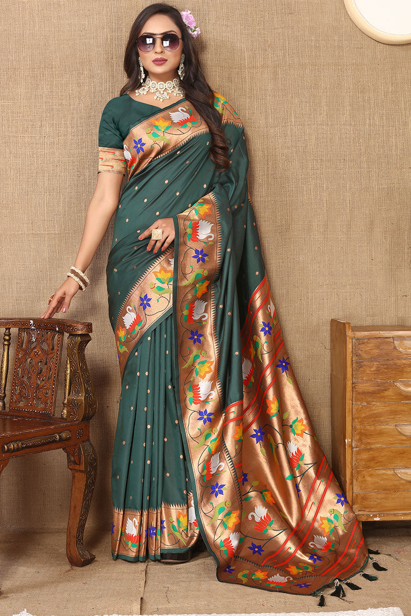 Ravishing Dark Green Paithani Silk Saree With Delightful Blouse Piece