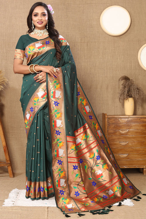 Load image into Gallery viewer, Ravishing Dark Green Paithani Silk Saree With Delightful Blouse Piece
