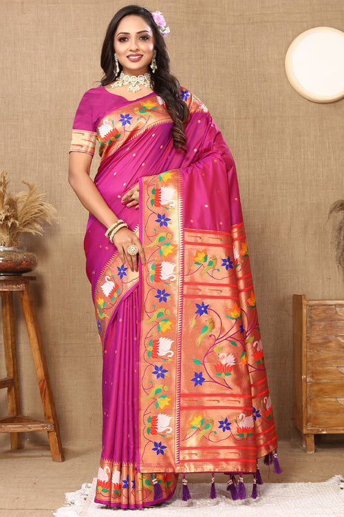 Load image into Gallery viewer, Fairytale Dark Pink Paithani Silk Saree With Beauteous Blouse Piece
