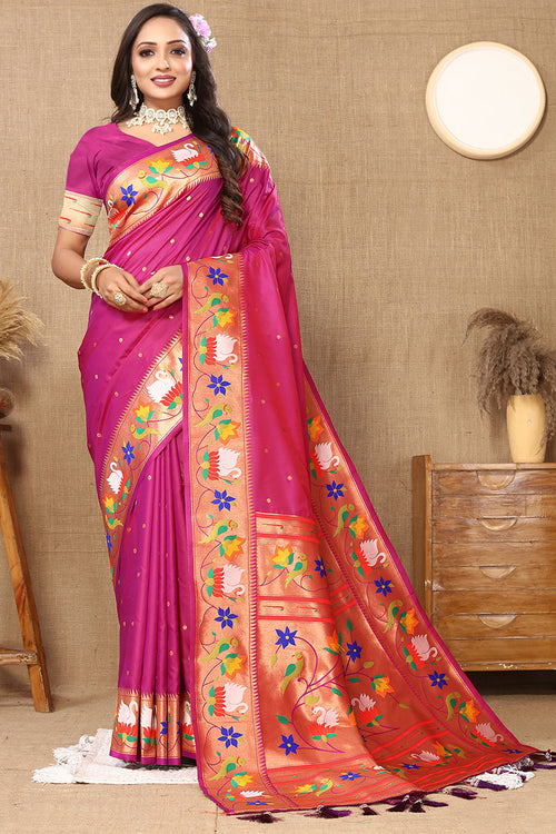 Load image into Gallery viewer, Fairytale Dark Pink Paithani Silk Saree With Beauteous Blouse Piece
