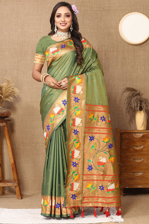 Load image into Gallery viewer, Redolent Mehndi Paithani Silk Saree With Sumptuous Blouse Piece
