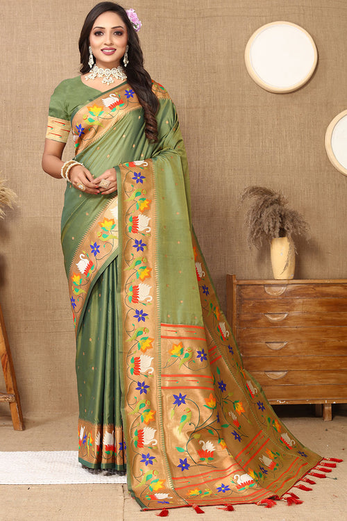 Load image into Gallery viewer, Redolent Mehndi Paithani Silk Saree With Sumptuous Blouse Piece
