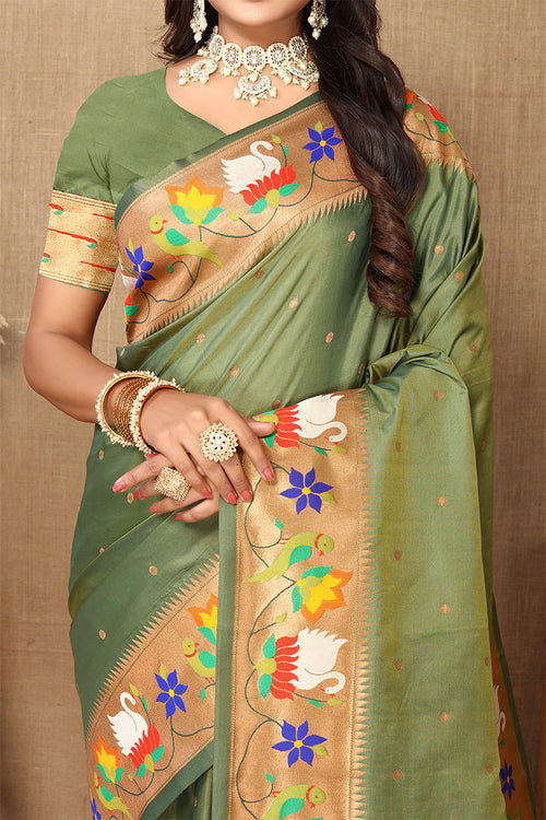 Load image into Gallery viewer, Redolent Mehndi Paithani Silk Saree With Sumptuous Blouse Piece
