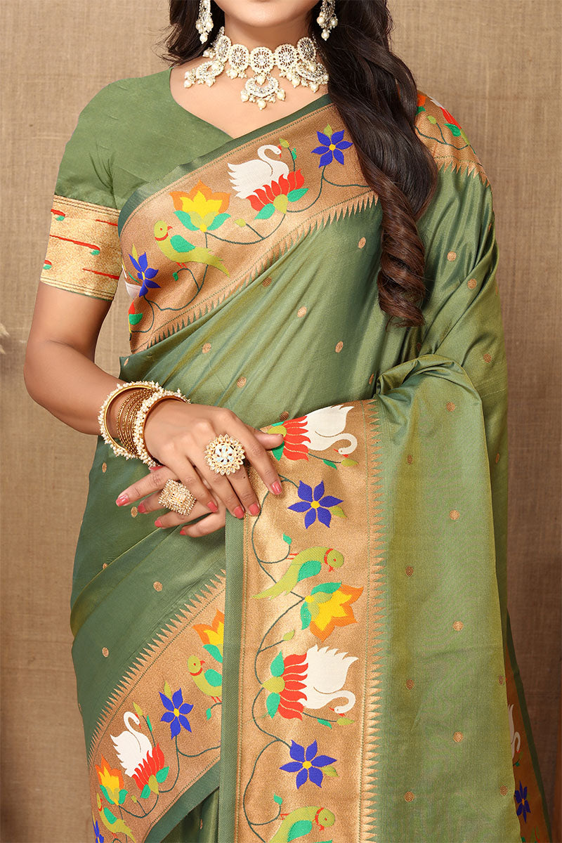 Redolent Mehndi Paithani Silk Saree With Sumptuous Blouse Piece