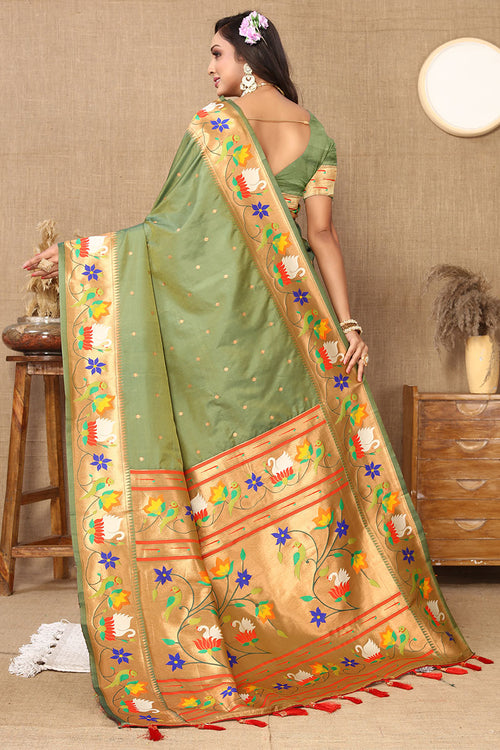 Load image into Gallery viewer, Redolent Mehndi Paithani Silk Saree With Sumptuous Blouse Piece
