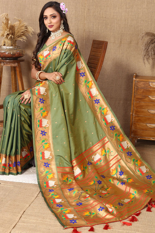 Load image into Gallery viewer, Redolent Mehndi Paithani Silk Saree With Sumptuous Blouse Piece
