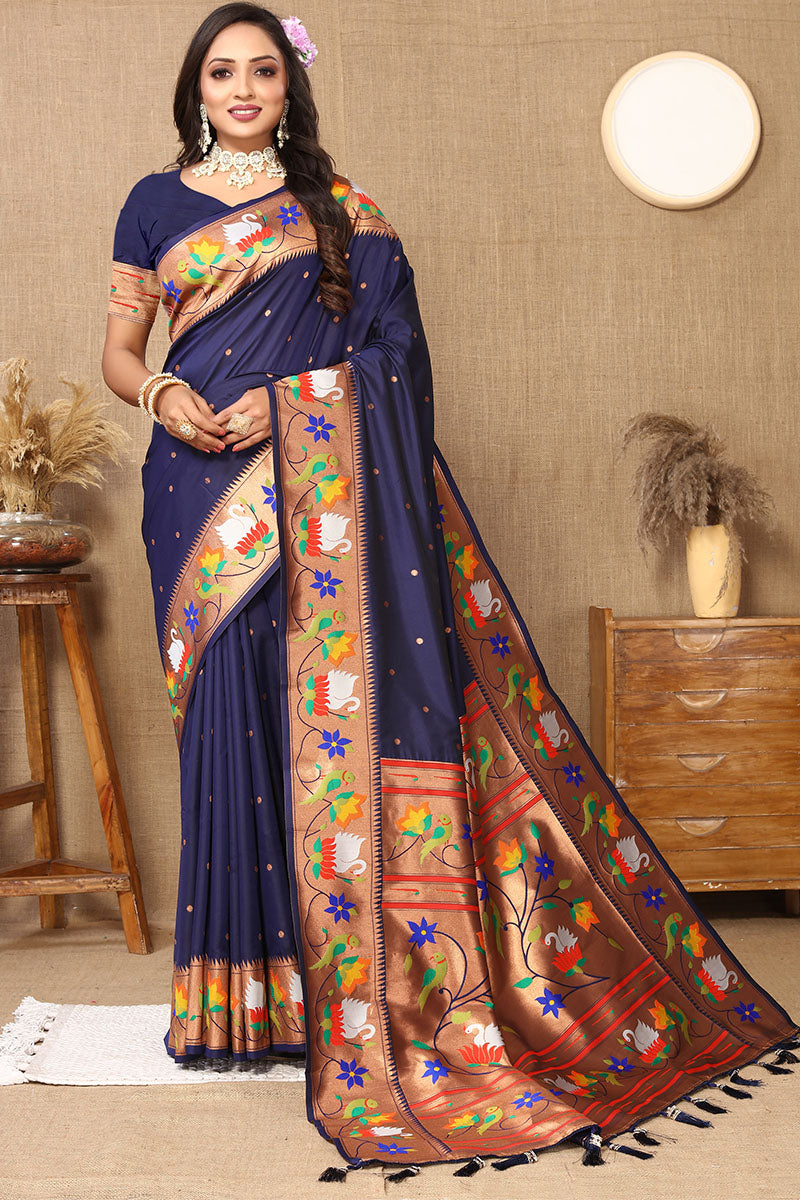 Devastating Navy Blue Paithani Silk Saree With Splendiferous Blouse Piece