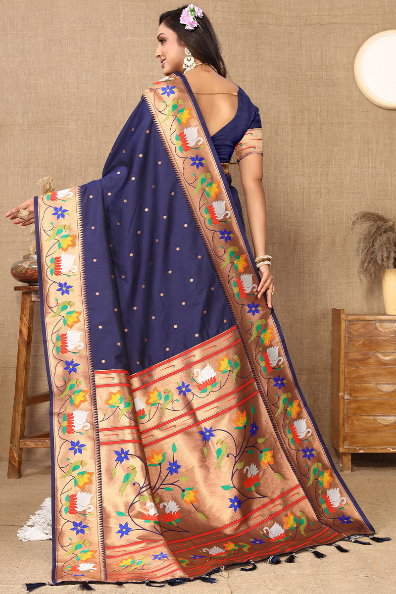 Devastating Navy Blue Paithani Silk Saree With Splendiferous Blouse Piece