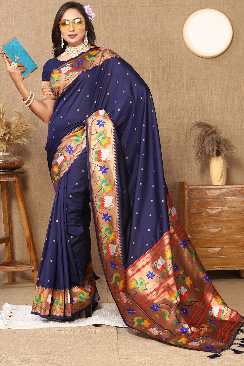 Devastating Navy Blue Paithani Silk Saree With Splendiferous Blouse Piece