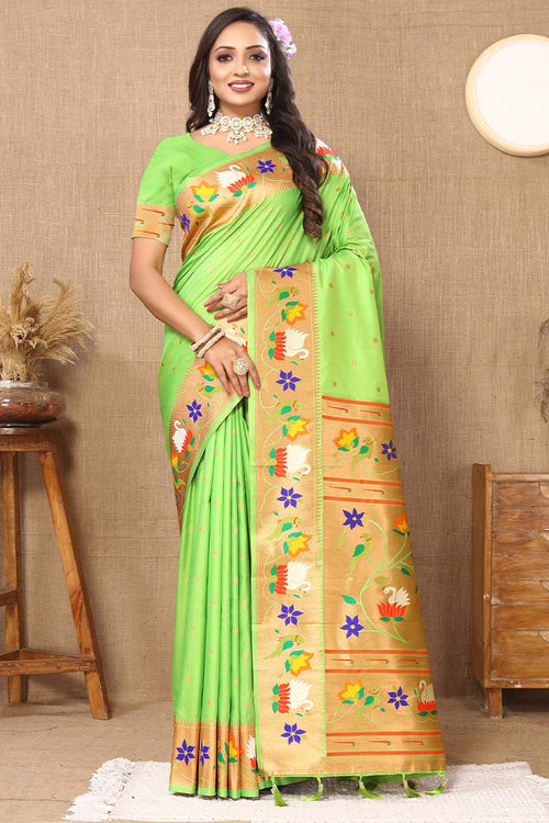 Load image into Gallery viewer, Scrumptious Parrot Paithani Silk Saree With Snappy Blouse Piece
