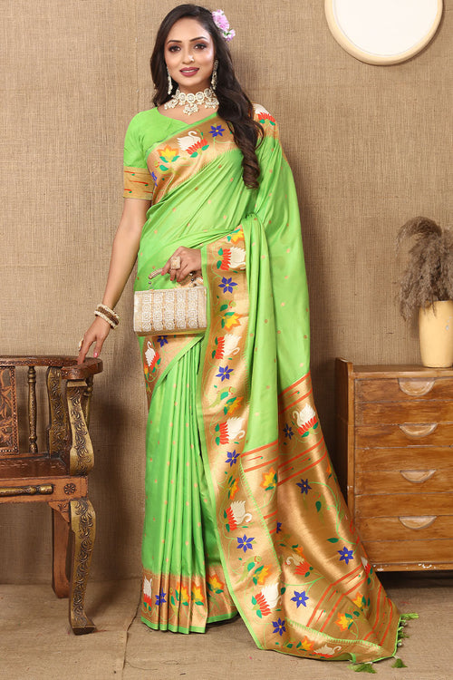 Load image into Gallery viewer, Scrumptious Parrot Paithani Silk Saree With Snappy Blouse Piece
