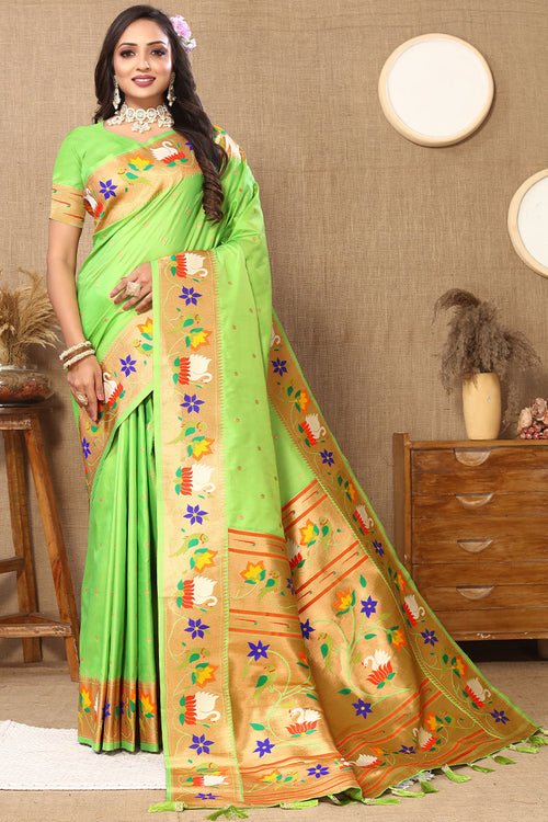 Load image into Gallery viewer, Scrumptious Parrot Paithani Silk Saree With Snappy Blouse Piece
