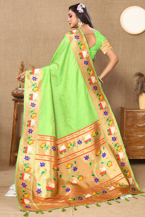 Load image into Gallery viewer, Scrumptious Parrot Paithani Silk Saree With Snappy Blouse Piece
