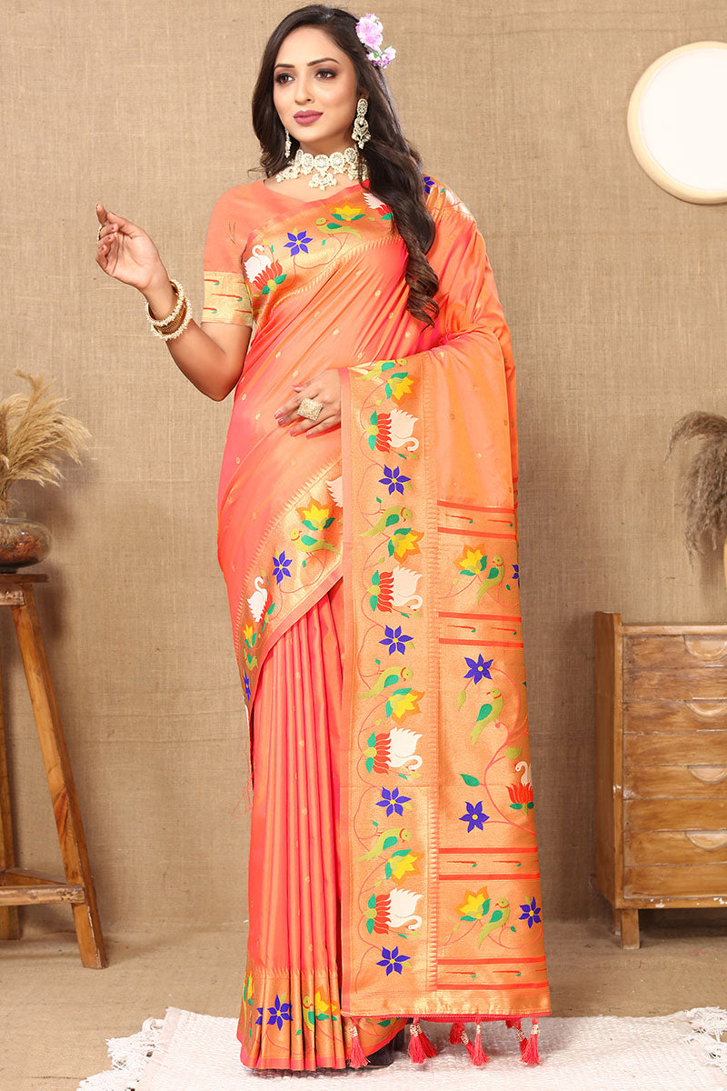 Transcendent Peach Paithani Silk Saree With Vivacious Blouse Piece