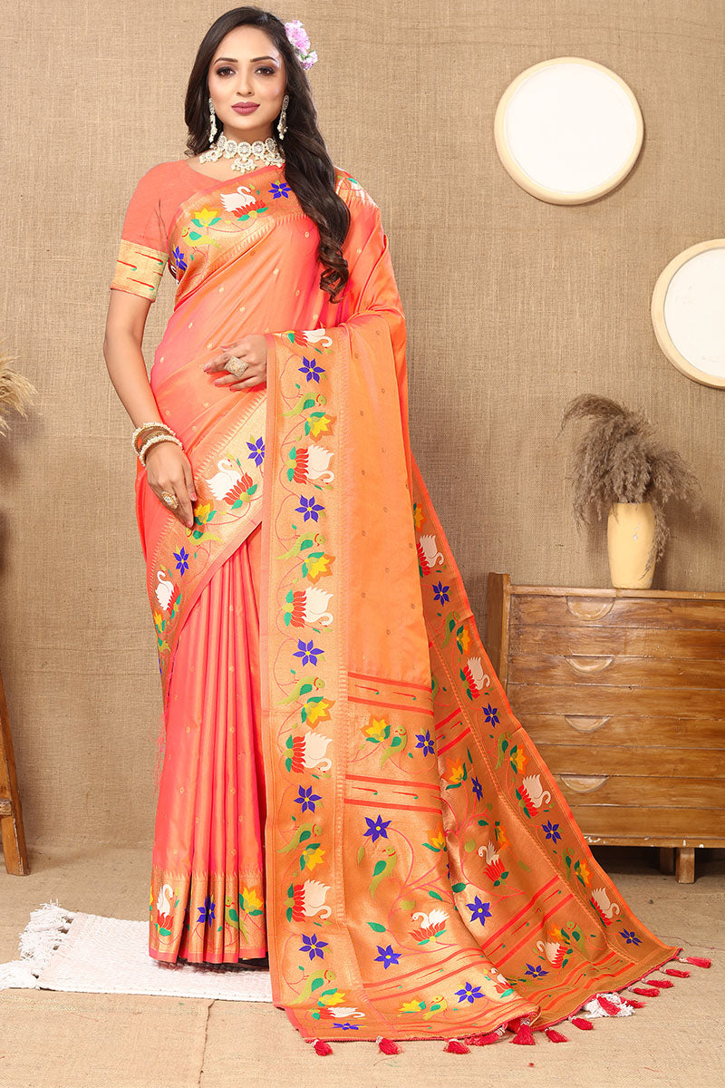 Transcendent Peach Paithani Silk Saree With Vivacious Blouse Piece