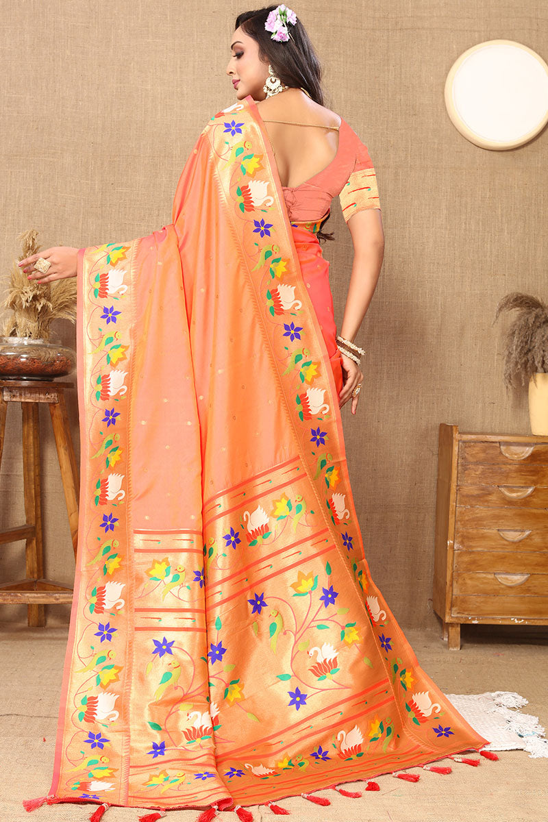 Transcendent Peach Paithani Silk Saree With Vivacious Blouse Piece