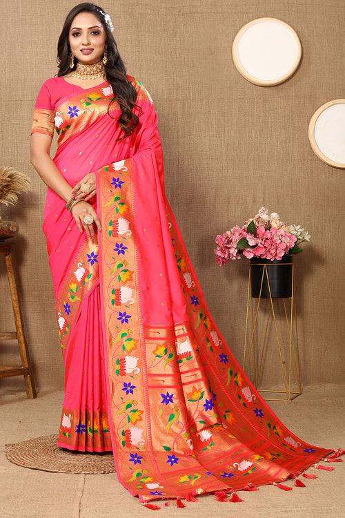 Load image into Gallery viewer, Winsome Pink Paithani Silk Saree With Piquant Blouse Piece
