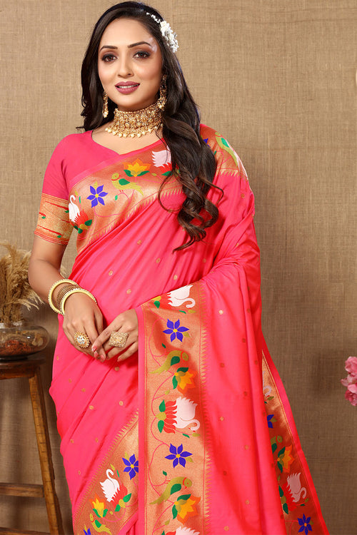 Load image into Gallery viewer, Winsome Pink Paithani Silk Saree With Piquant Blouse Piece
