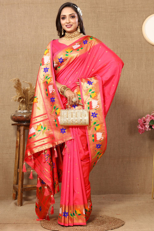 Load image into Gallery viewer, Winsome Pink Paithani Silk Saree With Piquant Blouse Piece
