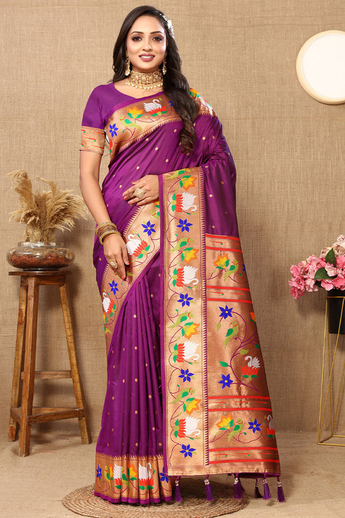 Load image into Gallery viewer, Resonant Purple Paithani Silk Saree With Posh Blouse Piece
