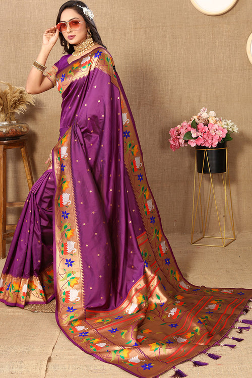 Load image into Gallery viewer, Resonant Purple Paithani Silk Saree With Posh Blouse Piece
