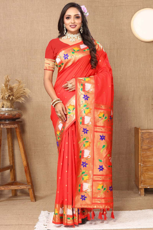 Load image into Gallery viewer, Beguiling Red Paithani Silk Saree With Embellished Blouse Piece
