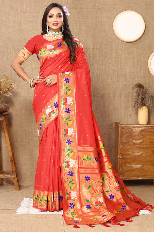 Load image into Gallery viewer, Beguiling Red Paithani Silk Saree With Embellished Blouse Piece
