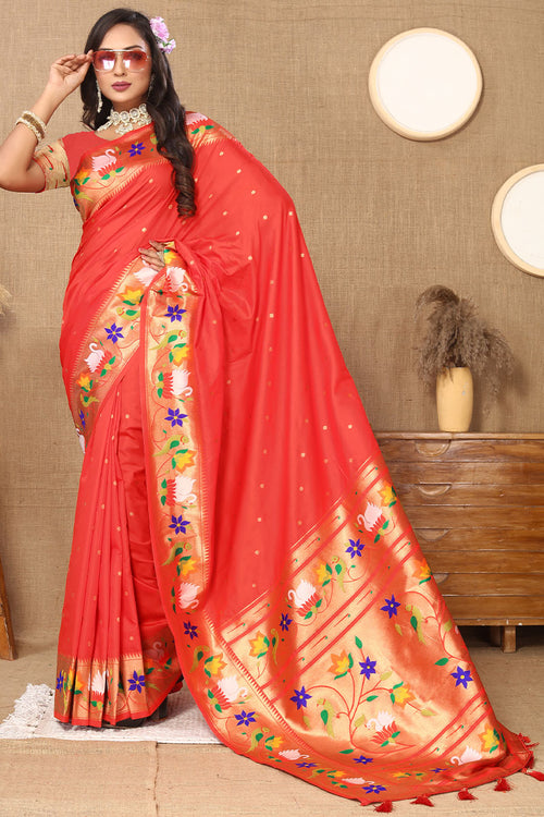 Load image into Gallery viewer, Beguiling Red Paithani Silk Saree With Embellished Blouse Piece
