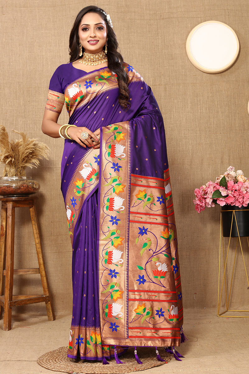 Proficient Royal Purple Paithani Silk Saree With Enchanting Blouse Piece