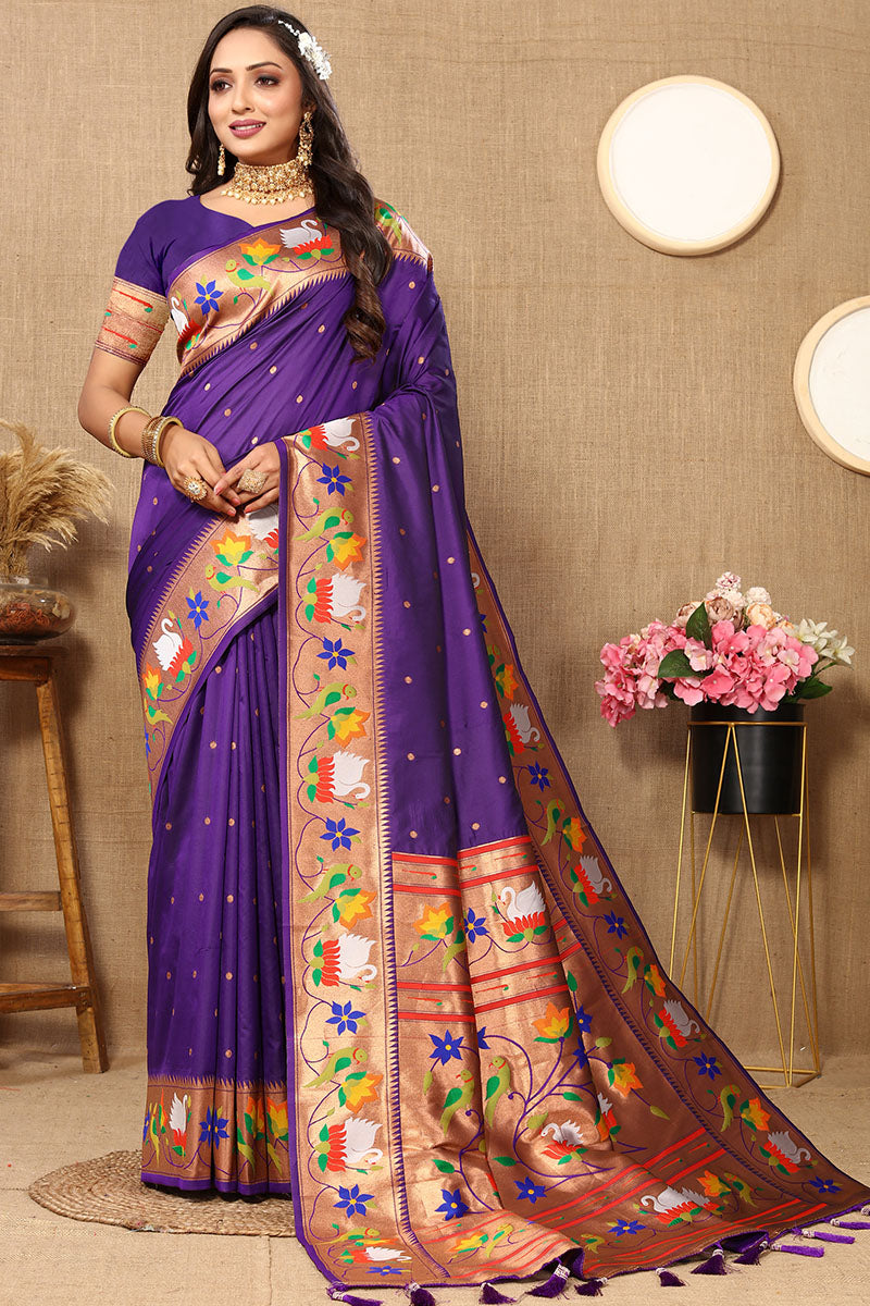 Proficient Royal Purple Paithani Silk Saree With Enchanting Blouse Piece