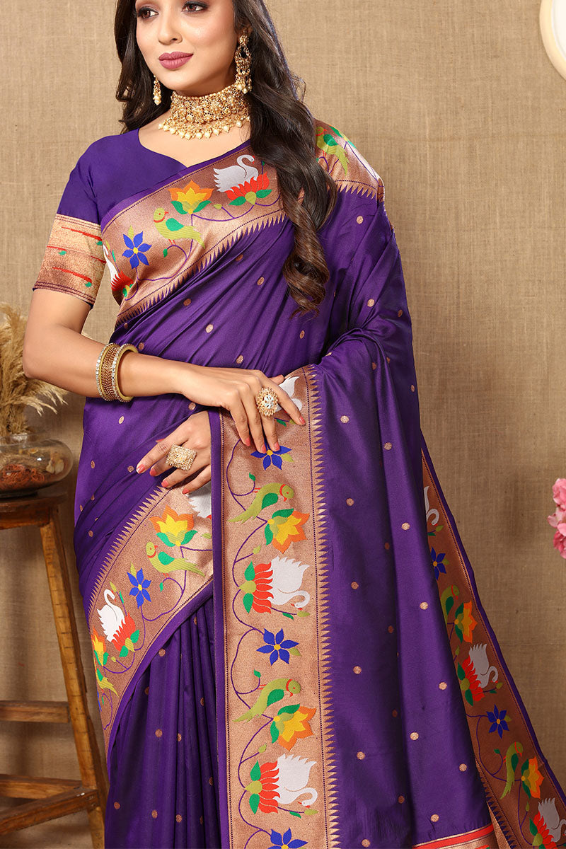 Proficient Royal Purple Paithani Silk Saree With Enchanting Blouse Piece